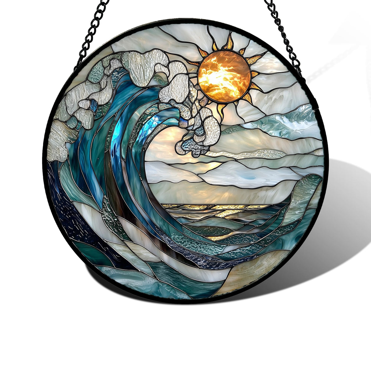 DASTOLL Stained Glass Window Hanging, Blue and White Waves Suncatcher Diamond Glass Panel Landscape Sun Catchers Decor for Birthday for Women, Men, Wife, Aunt, and Mom 9.8 in