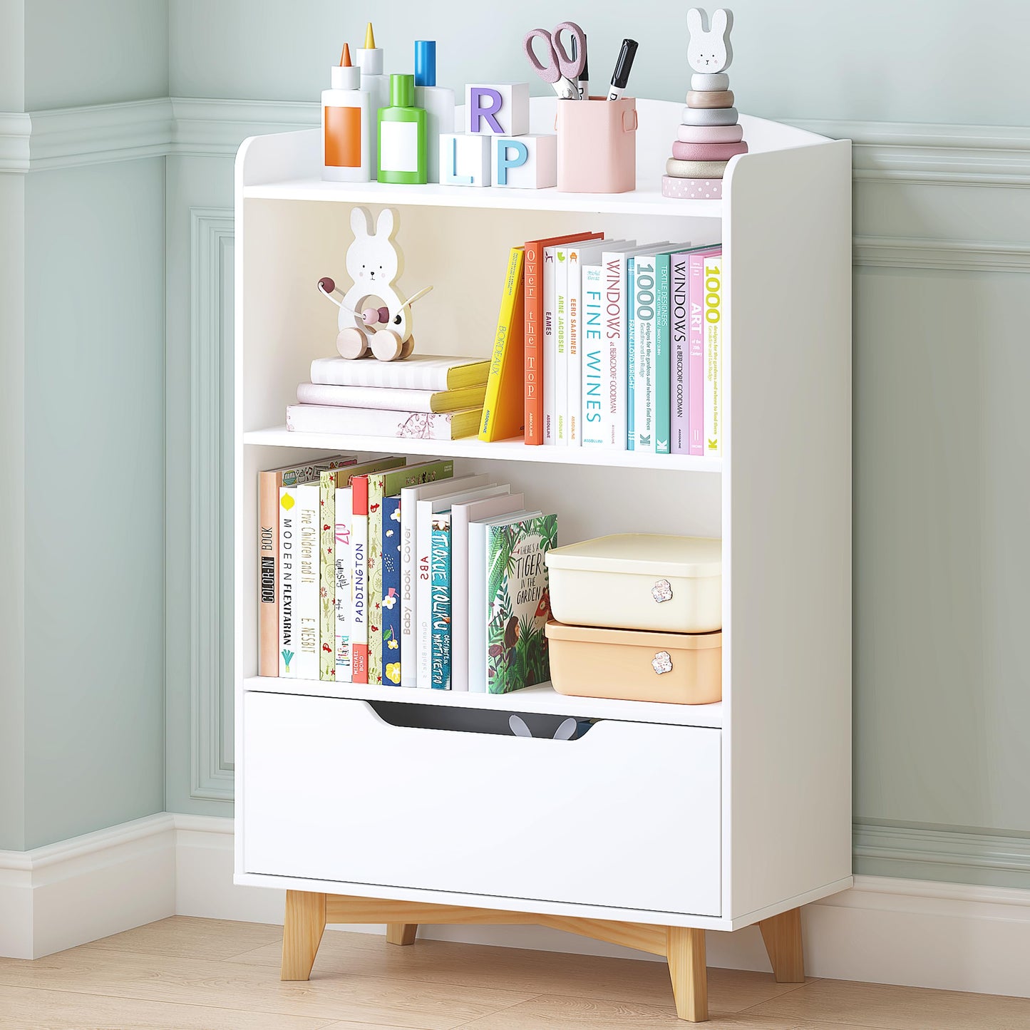 UTEX Kids Bookshelf, Children Bookcases with Storage and Drawer, Wood Kids Toy Storage Organizer for Playroom, Nursery School, White