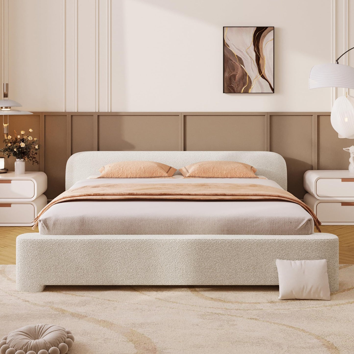 KOYVRY Boucle Bed Frame - Upholstered Platform Bed with Curved Headboard and Rounded Corners, Minimalist Bed Frame with 10 Wooden Slats and 3 Central Support Legs, No Box Spring Needed, White (Queen)