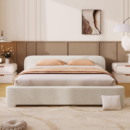 KOYVRY Boucle Bed Frame - Upholstered Platform Bed with Curved Headboard and Rounded Corners, Minimalist Bed Frame with 10 Wooden Slats and 3 Central Support Legs, No Box Spring Needed, White (Queen)