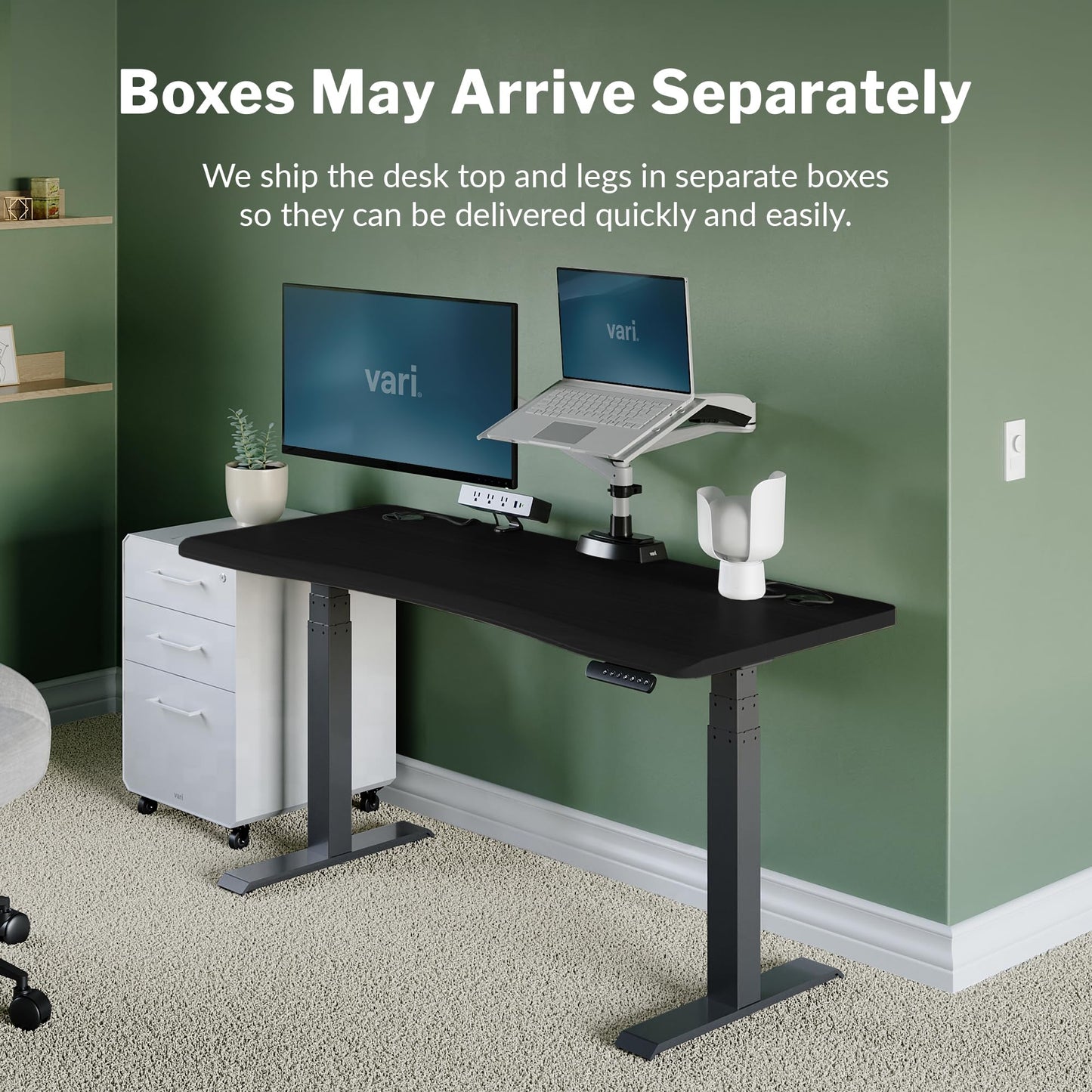 Vari Ergo 54x26 Electric Standing Desk – Height Adjustable Sit Stand VariDesk + Curved Waterfall Edge, 4 Memory Settings, Quick Assembly, Cable Management, 200 lb Capacity – Black (2 Boxes)