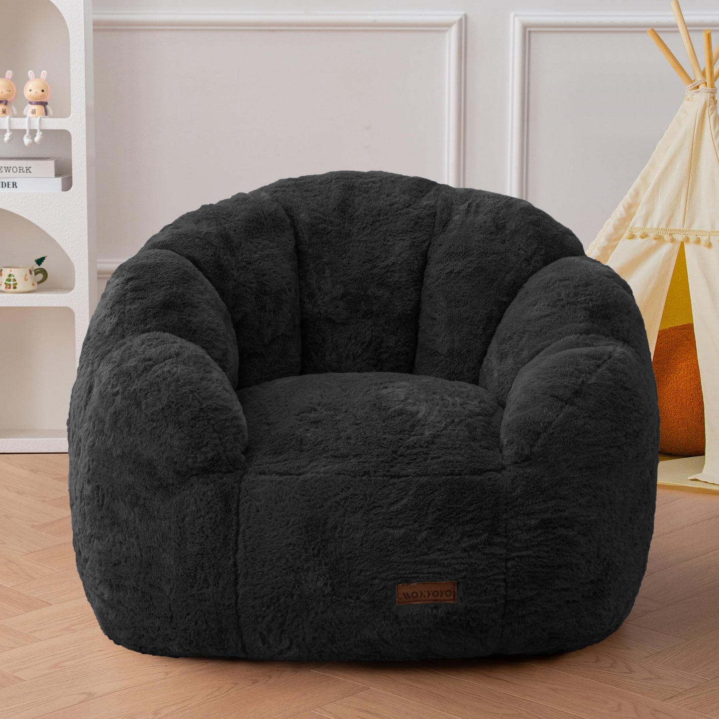MAXYOYO Kids Bean Bag Chair, Floral Shaped Bean Bag Sofa, Plush Faux Fur Toddler Couch with Petal Backrest for Boys Girls, Stuffed Cozy Sofa for Nursery, Bedroom, Black