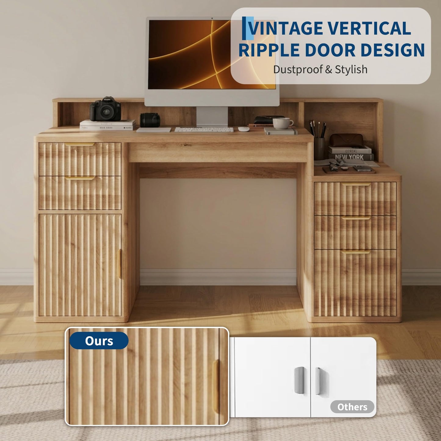 Doppeltcharms Computer Desk with Drawers and Printer Cabinet, Fluted Door Storage Home Office Desk, Space-Saving Study Writing Table with Cabinet for Bedroom and Small Spaces, Nature