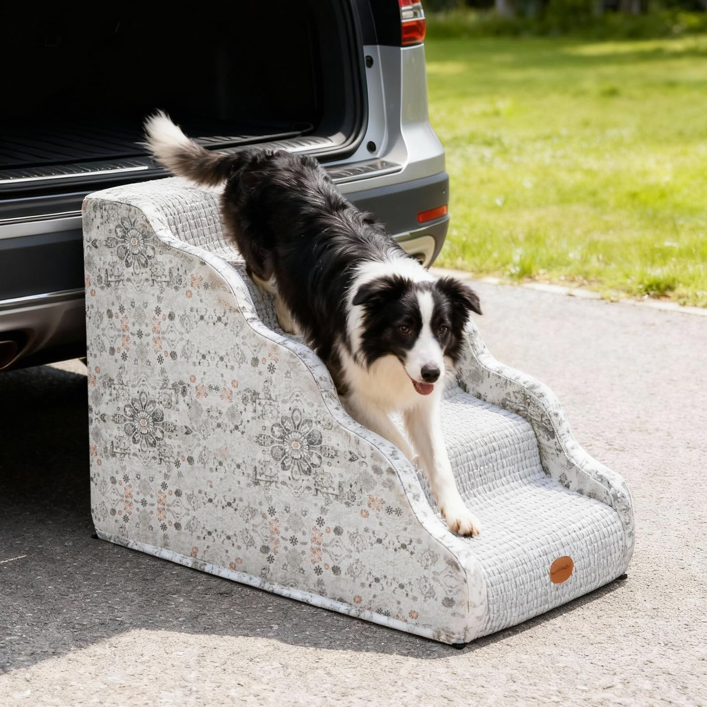 Woochpet Side Armrest Dog Stairs for High Beds Up to 26-30",5 Tier Wider Curved with Weighted Base Plate, Washable Cover Gentle Slope Steps, Bed & Couch Ladder for Small Medium Dogs & Senior Cat