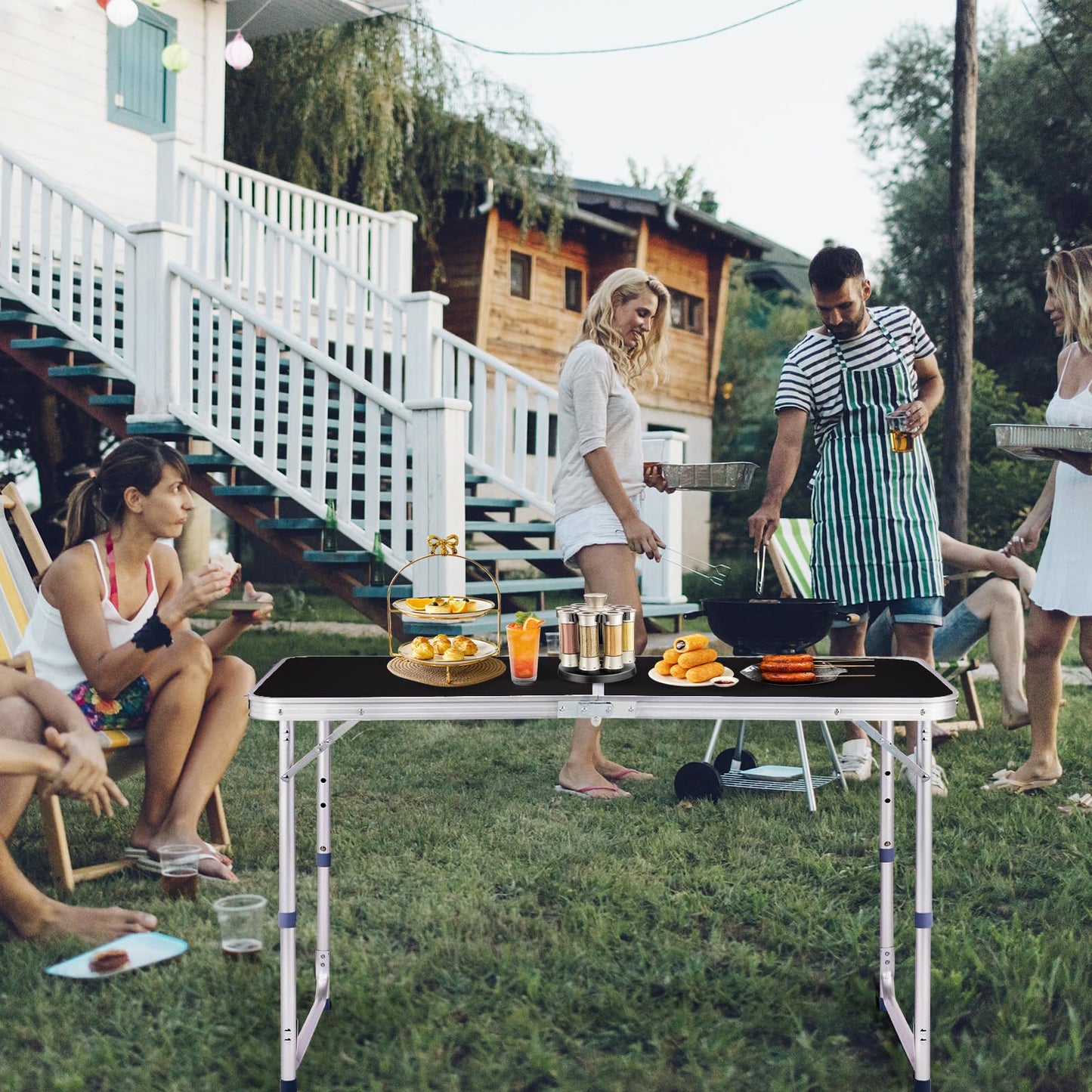 GODECOR 4.0 Ft Folding Portable Camping Table with Three Adjustable Heights, RV Tables for Inside a Camper, Outdoor, BBQ, Dining, Picnic, Cooking, Beach, Garden, Black