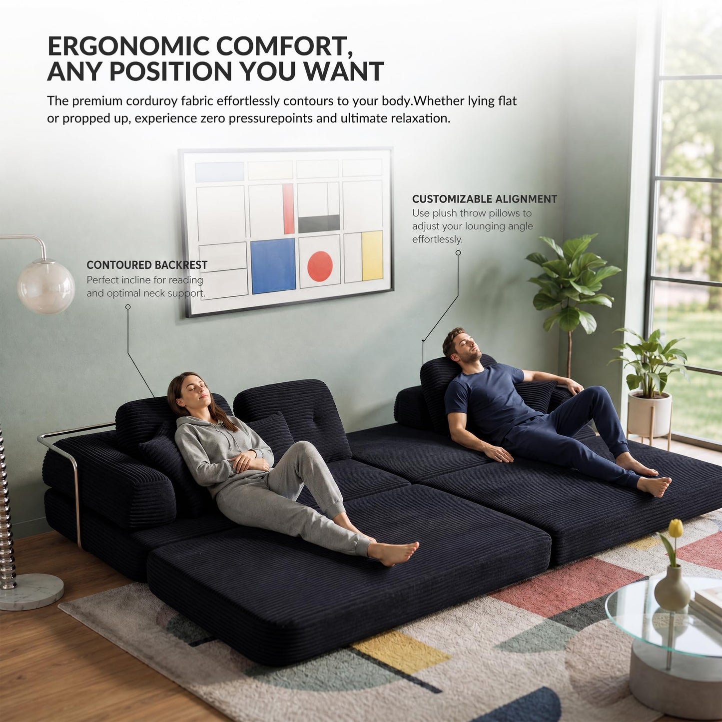 YasuSoofa Boneless Sectional Couch with Chaise, Convertible L-Shape Floor Sleeper with High Headrest, Modular Sofa Bed for Living Room Apartment, No Assembly, Gray