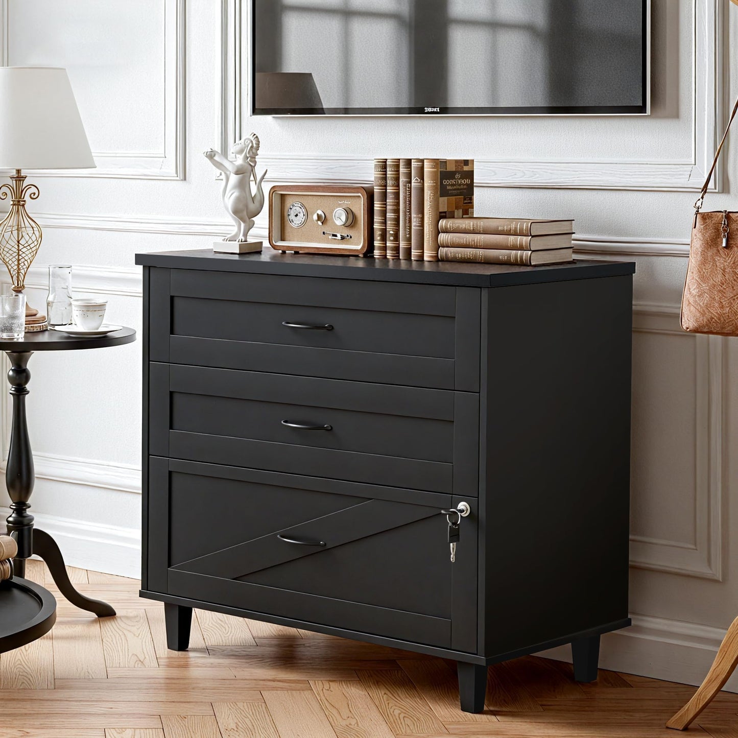 Quikraen Large Wooden File Cabinet Black 32in Lateral Filing Cabinets 3 Drawer with Hanging File Folders for A4 Letter Legal Wood Office Storage Organizer Furniture Printer Stand