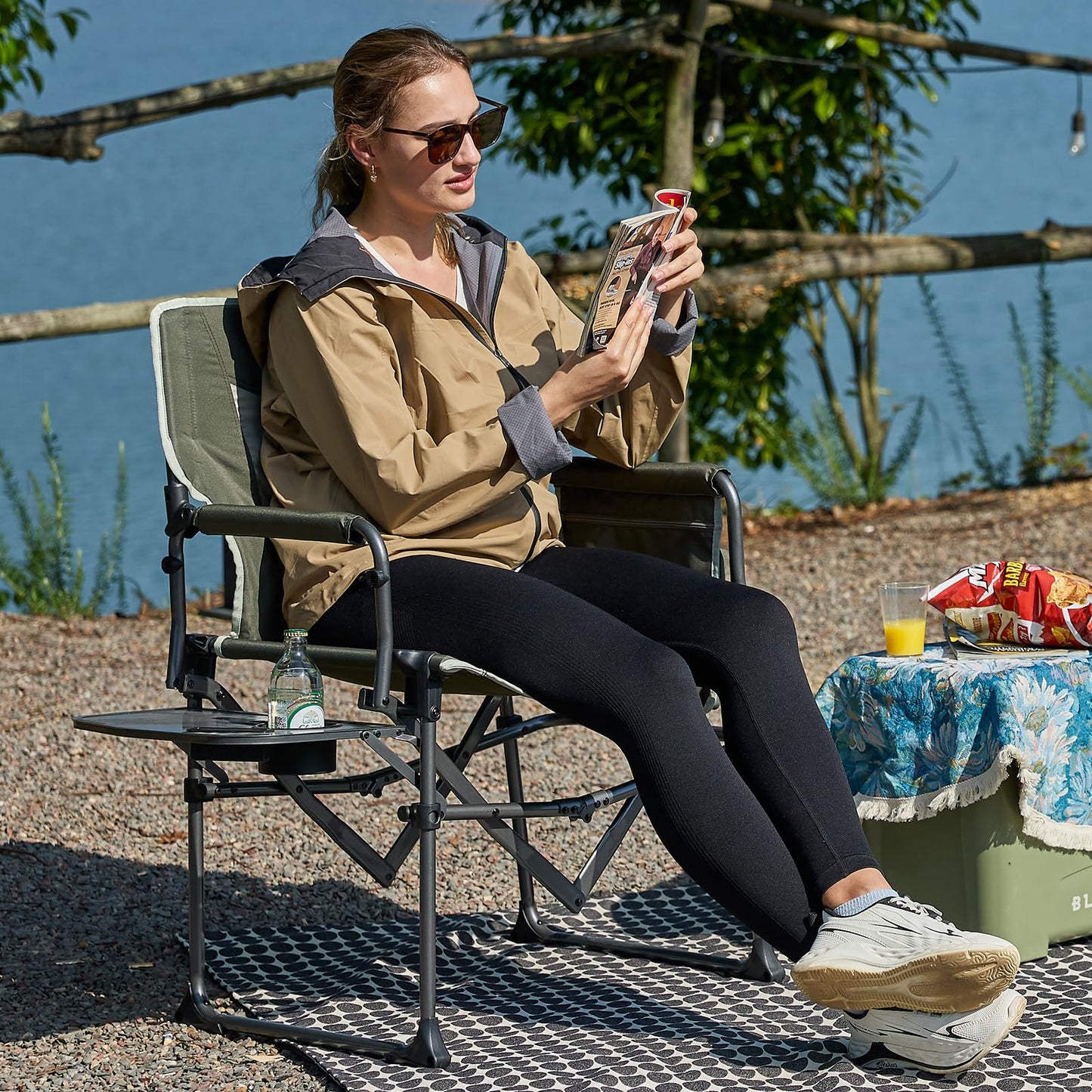 EVER ADVANCED Camping Directors' Chair with Side Table, Portable Folding Chair with Compact Size, Heavy Duty with Pocket for Camping, Lawn, Sports and Fishing, 400lbs, Green 2 Pack