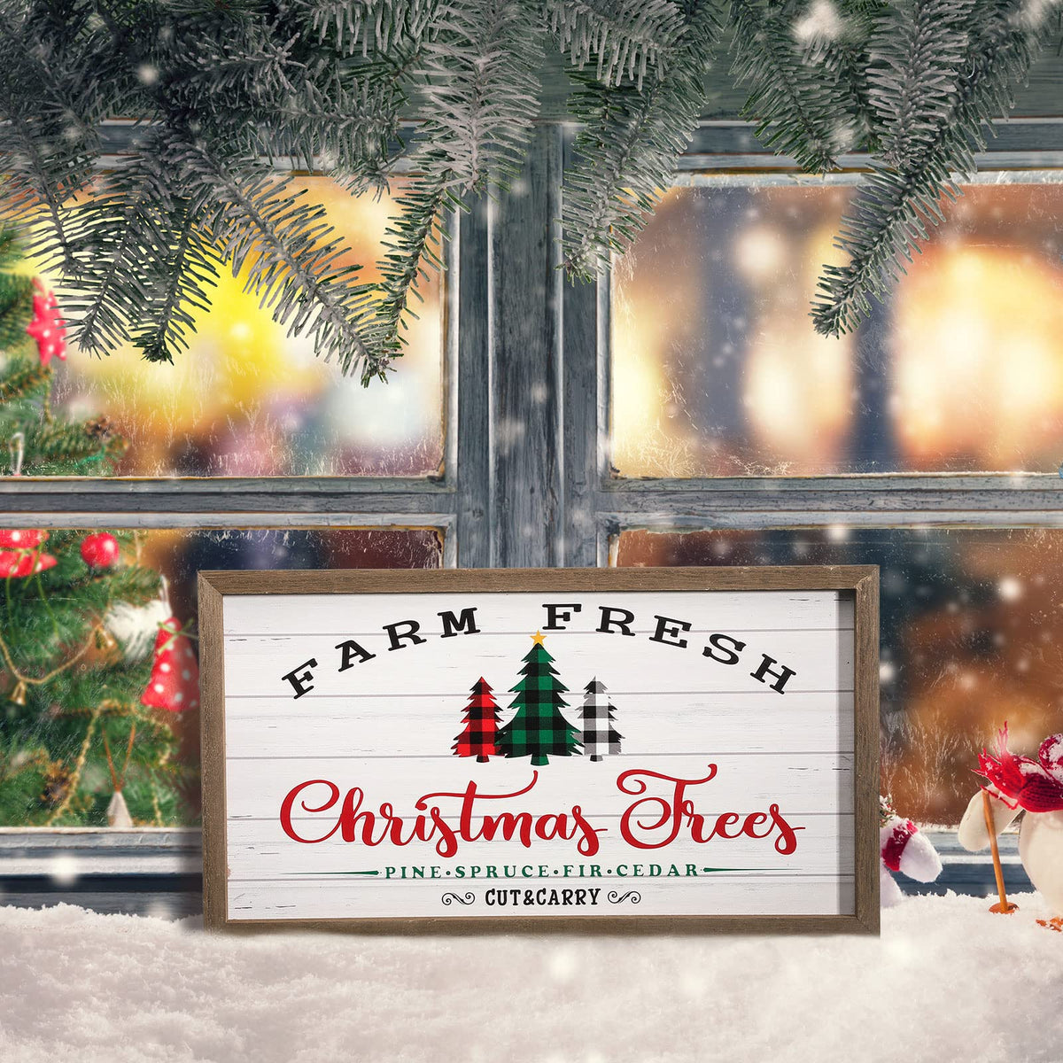 Christmas Signs Farm Fresh Christmas Trees Wood Sign Rustic Farmhouse Holiday Decor with Wooden Frame Buffalo Plaid Xmas Winter Hanging Wall Decor for Home Party Living Room Fireplaces Table Decor