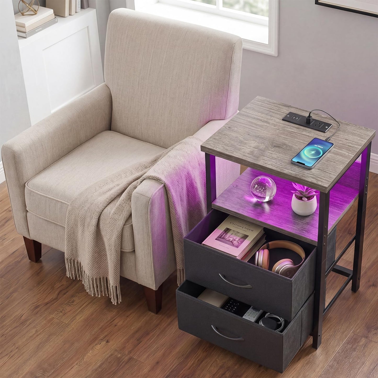 Fixwal Night Stand with Charging Station, LED Nightstand with U-S-B Ports and Outlets, 2 Fabric Storage Drawers with PU Finish, Bed Side Table, French Oak
