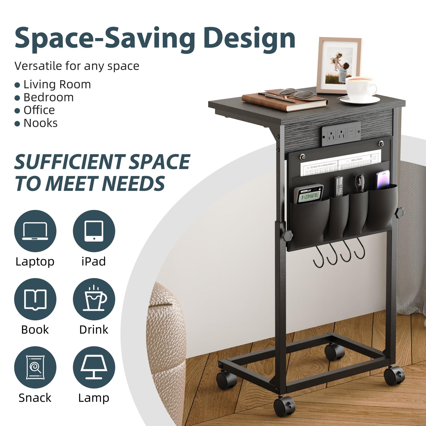 DENYKO Adjustable Height Couch Table with USB-C Charging Station & Pocket Storage – Compact Couch Stand with Hooks & Wheels for Small Spaces & Living Room, Adjustable C Table (Black)