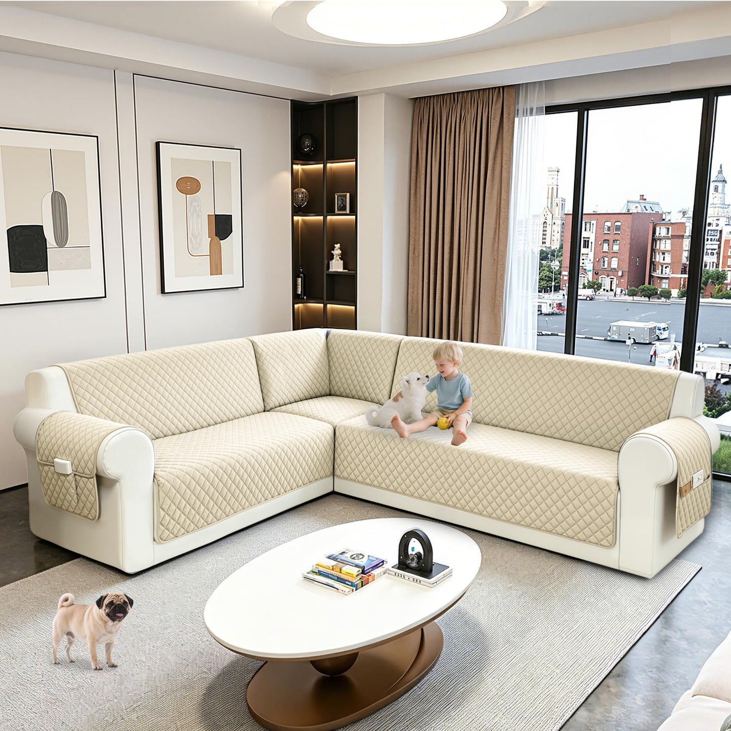 SYJOVIA Sectional Couch Covers for Dogs 100% Waterproof Corner L Shaped Sofa Cover Pet Friendly Velvet Washable Anti Slip L Shape Modular Sofa Slipcover Protector with Pockets (Beige, X-Large)