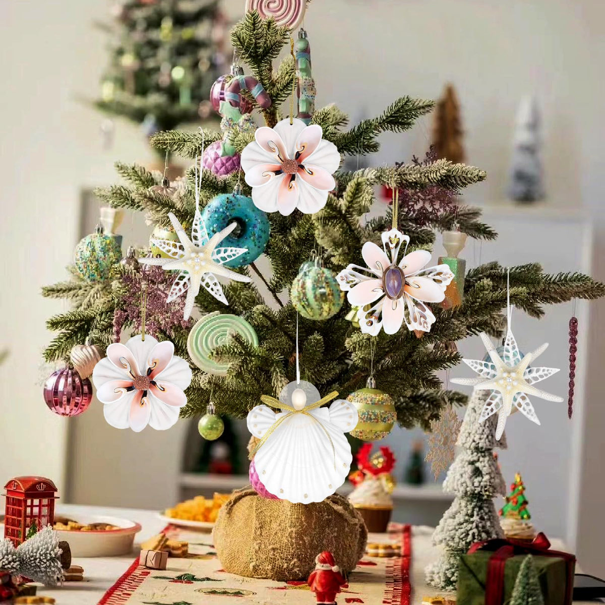 Seashell Angel Ornaments - 4PCS Handmade Natural Shell Crafts for Coastal & Beach Christmas Tree Hanging Ornaments