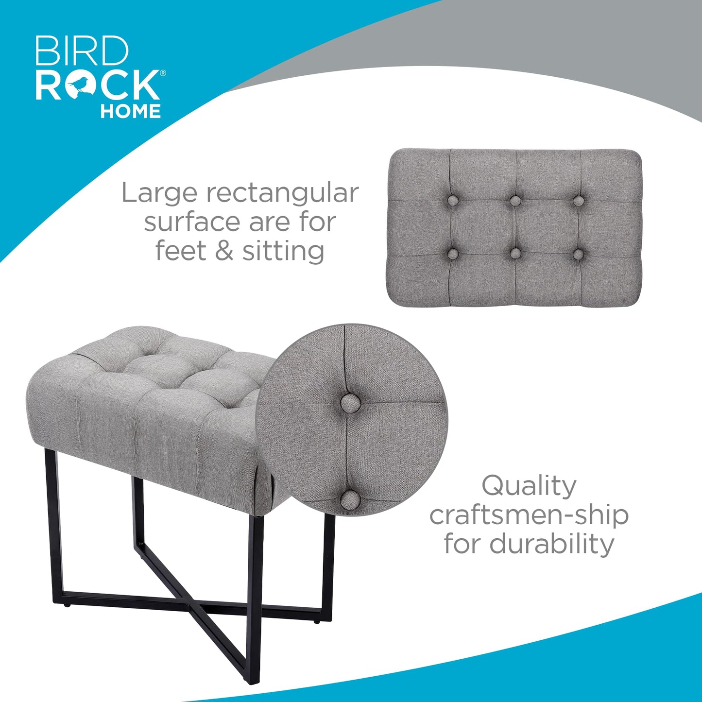 BIRDROCK HOME Rectangle Tufted Linen Ottoman Foot Rest - 19.7x11.82x17.73” Small Foot Stool with Legs - Padded Footrest Modern Ottomans for Living Room Furniture, Bedroom Footstool (Grey)