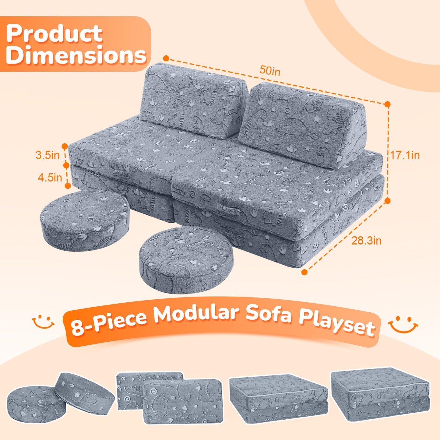 MeMoreCool Kids Couch, Glow in the Dark Dinosaur Foam Play Couch, Ages 3+