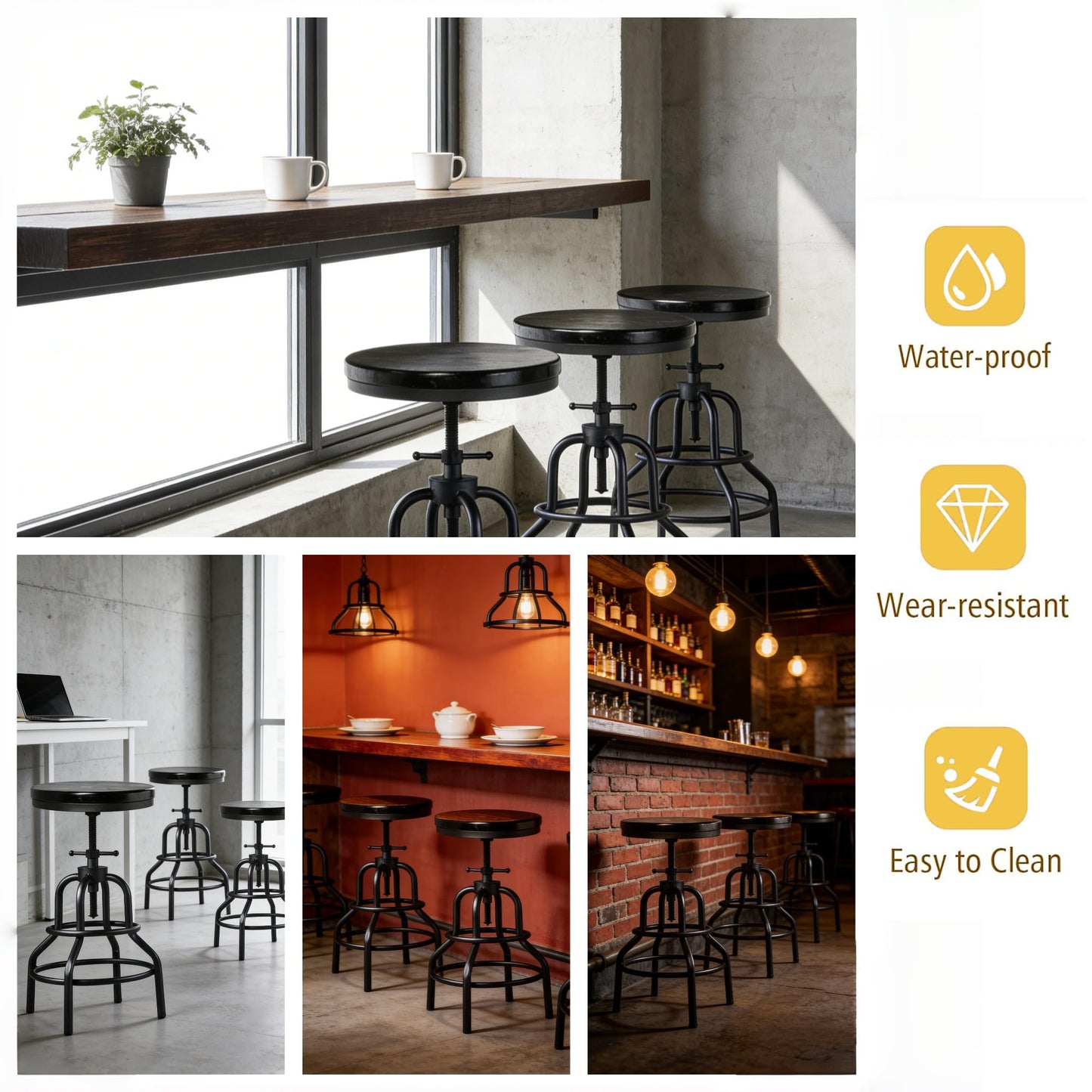 LOKKHAN Vintage Industrial Bar Stool - Rustic Swivel - Round Wood Metal - Kitchen Counter Height Adjustable - Pipe Stool - Cast Steel - 20-27 Inch (Set of 2)