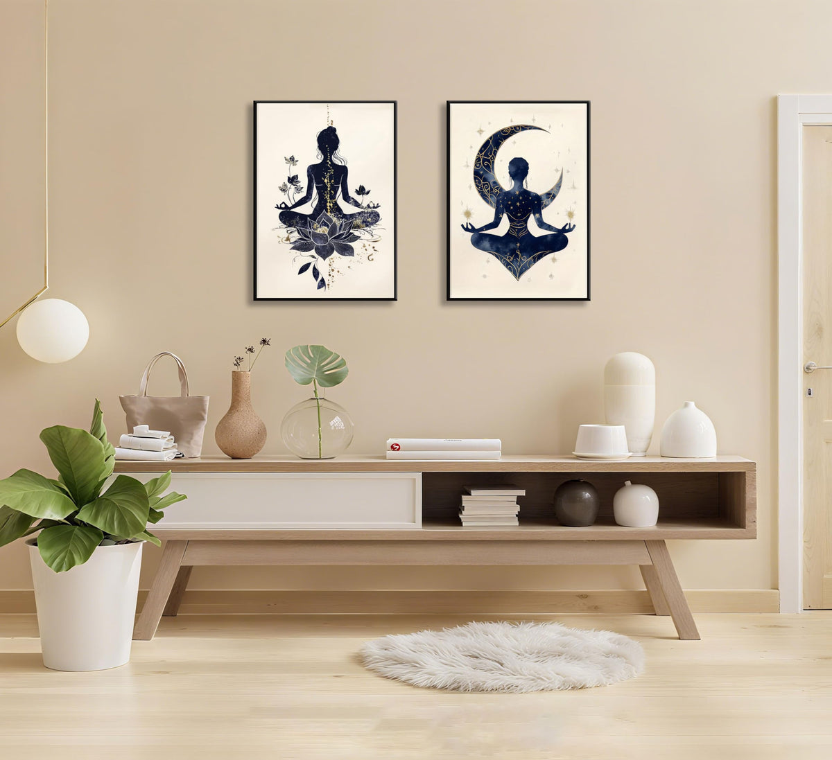 QGJQCFY 2Pcs Celestial Yoga Lotus Moon Canvas Wall Art