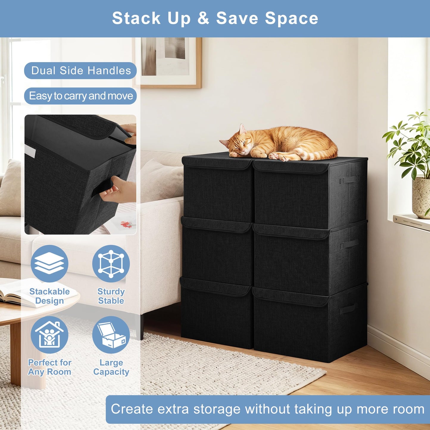Bagnizer Large 22 Quart Linen Fabric Foldable Storage Bin Cube Organizer Basket with Flip-Top Lid & Handles, Clothes Blanket Box for Home, Office, Closet, Black, 4 Pack 14.6 x 9.5 x 9.5”