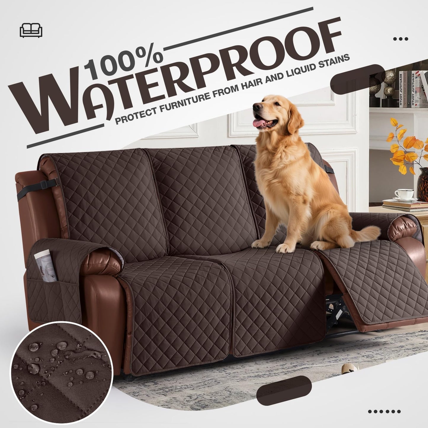 KinCam Waterproof Recliner Sofa Cover, Non-Slip Reclining Couch Covers for 3 Seat, Recliner Couch Cover Furniture Protector with Elastic Straps for Pets, Kids, Chocolate