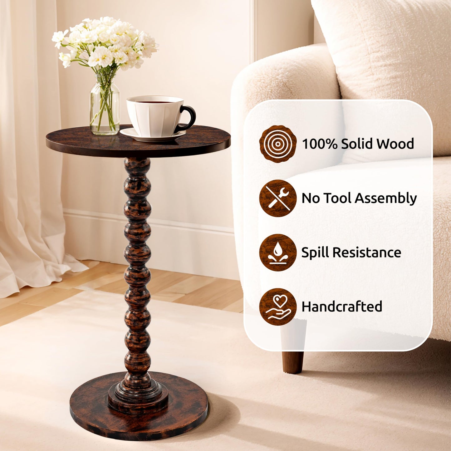 LIVINGNISH Solid Wood Round Side Table for Living Room, Bedroom and Office — Handcrafted 22-Inch End Table, Bedside Nightstand, Accent Table for Small Spaces with Tool-Free Assembly- Rustic Brown