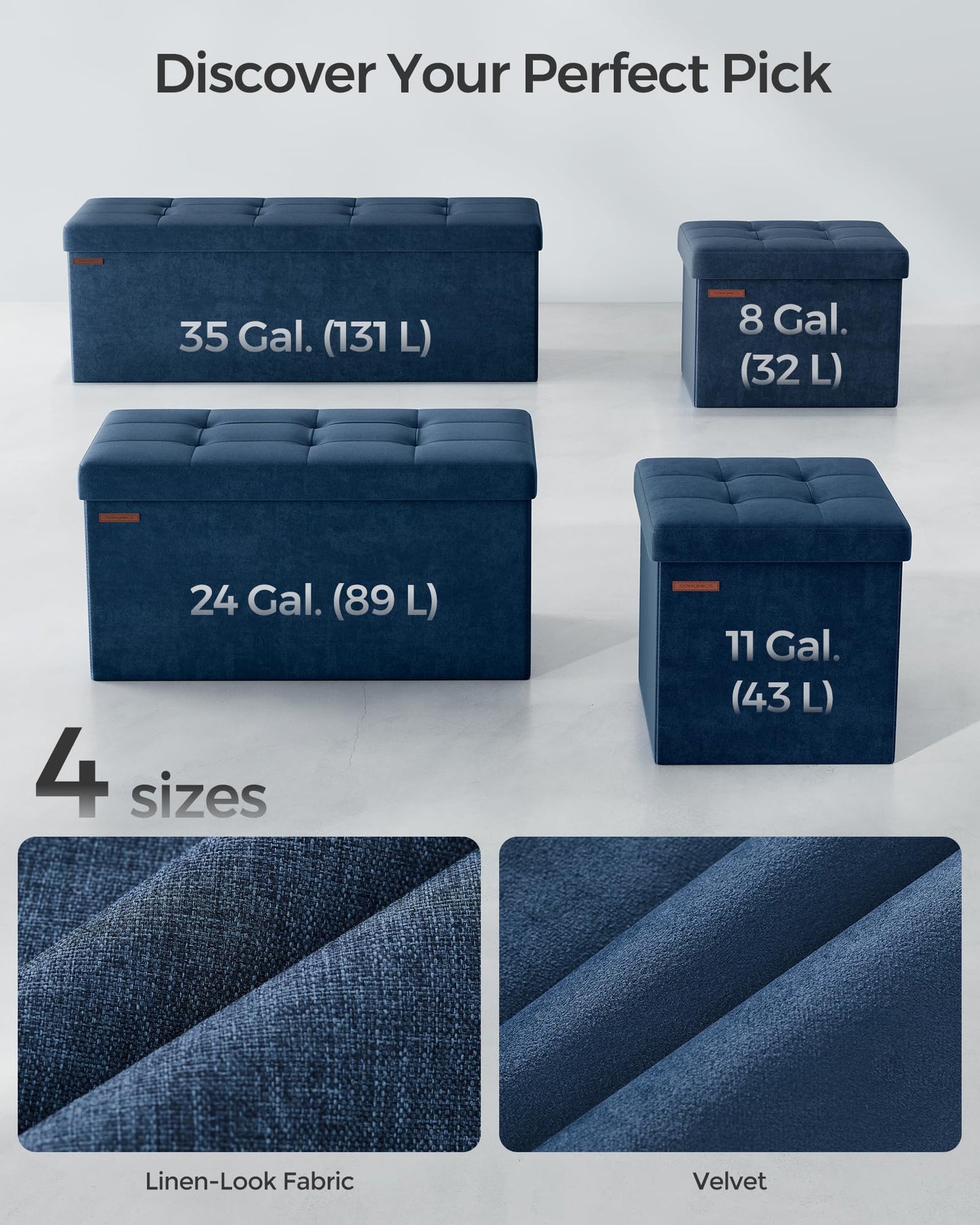 SONGMICS Storage Ottoman, Foldable Small Ottoman Foot Rest, 12.2 x 16.1 Inches Foot Stool, Load up to 286 lb, for Living Room, Bedroom, Dorm, Midnight Blue ULSF200Q01
