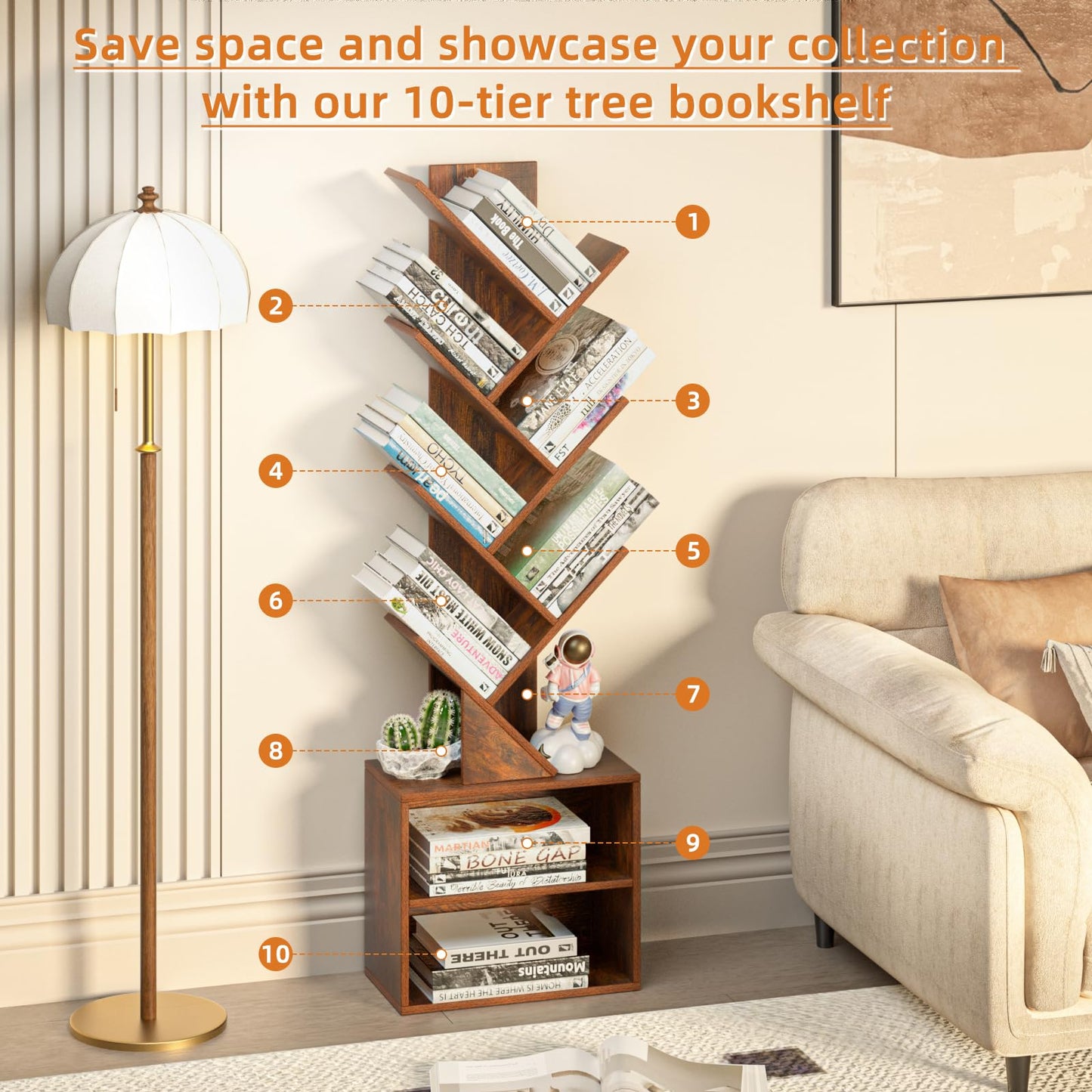SHEEPAM 10 Tier Tree Bookshelf,Floor Standing Wood Tall Bookcase for Narrow Space, Storage Organizer Bookshelves for Books, Book Case for CDs/Movies/Books,Home Office,Living Room, Bedroom