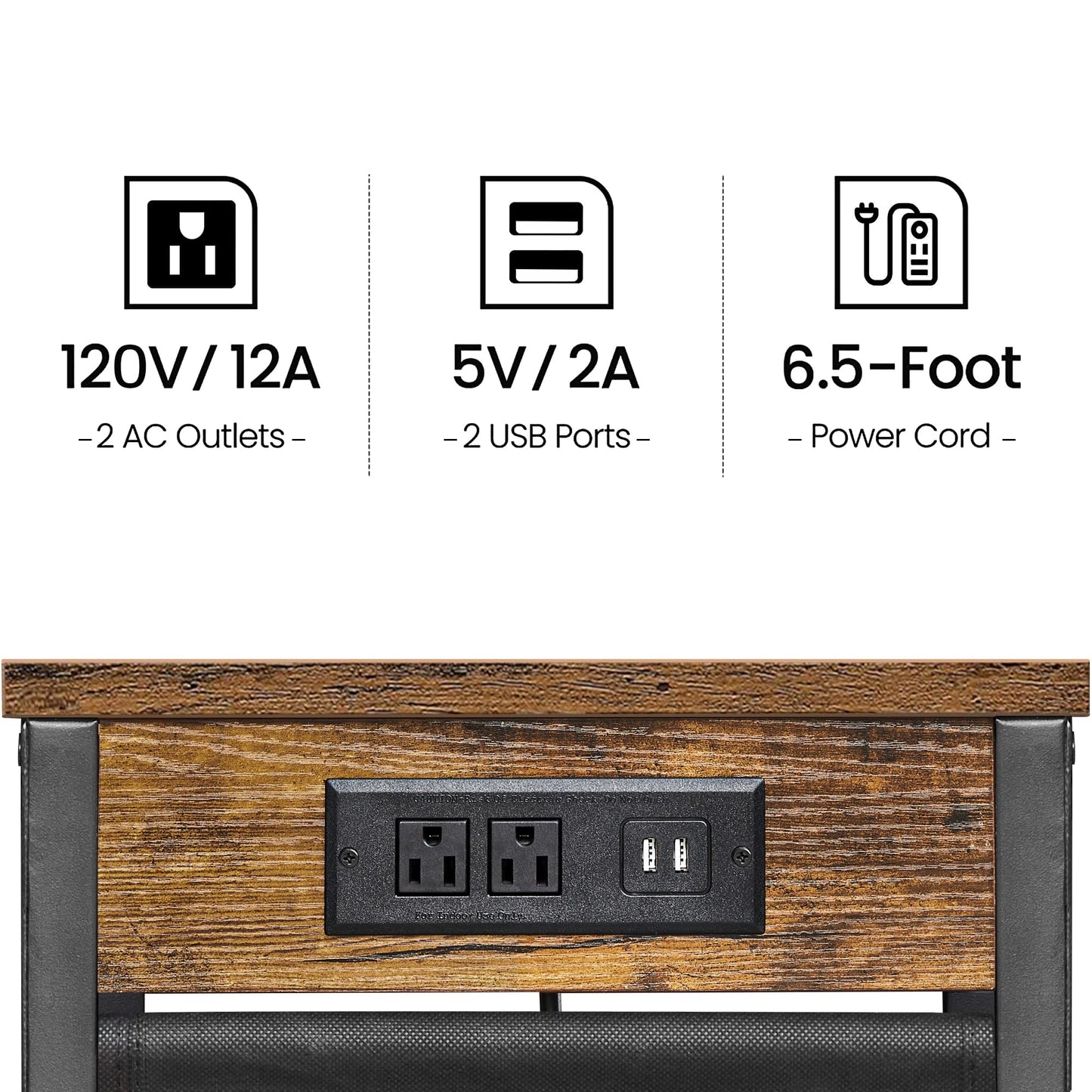 TUTOTAK C Shaped End Table with Charging Station, Side Table for Sofa, Couch Table with Storage Bag, TV Tray with 2 USB Ports and Outlets for Living Room, Bedroom, Brown TB01BB024