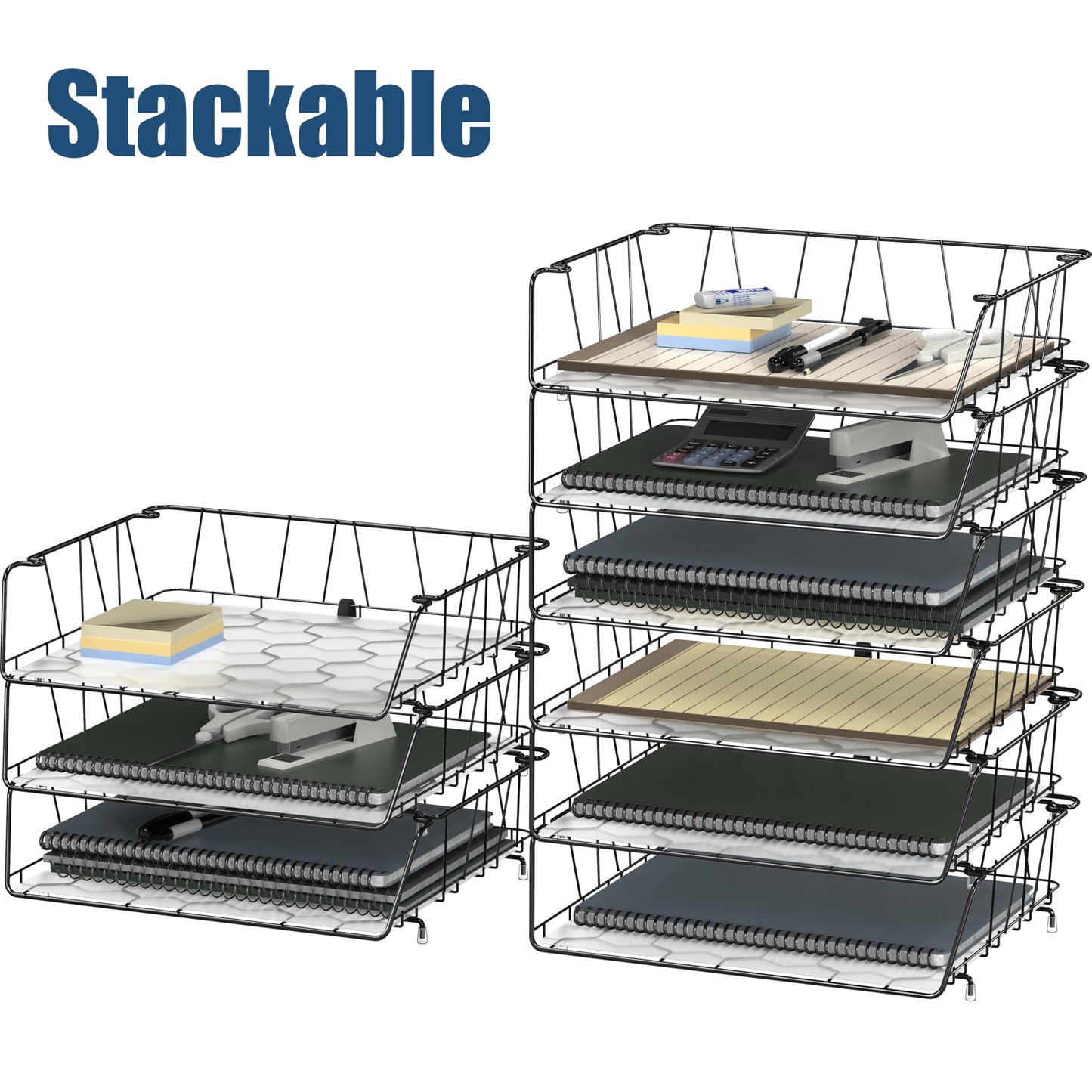 Simple Houseware Stackable Wide Entry Desk File Document Letter Tray with Liner, Wire Grid, 3 Packs, Black
