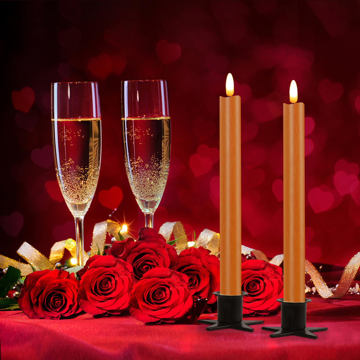 CVHOMEDECO. Real Wax Flameless Taper Candles with 10-Key Remote, Battery Operated Led Flickering 3D Wick Light Window Candles Home Christmas Party Decor 0.78 x 10 Inch, Pack of 2, Orange