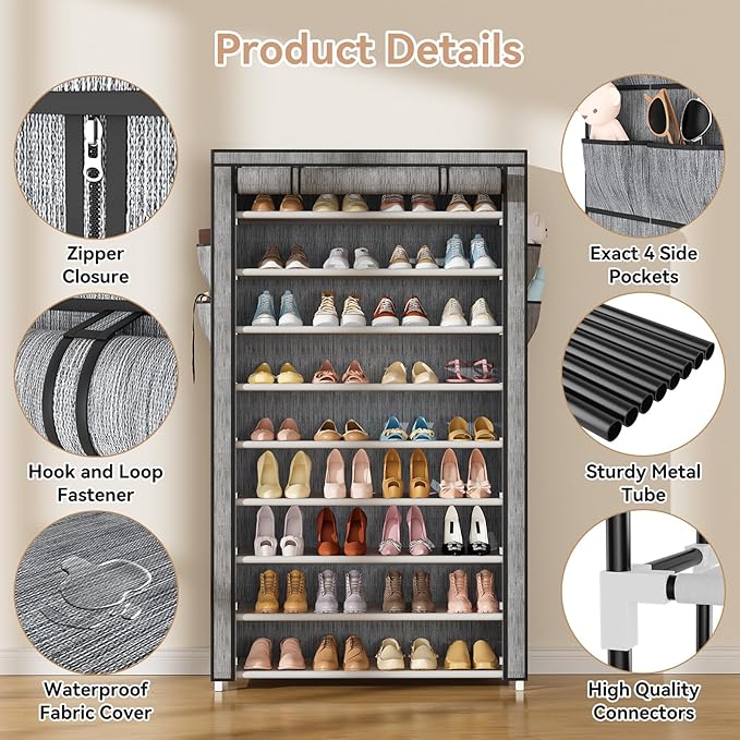 LANTEFUL Shoe Rack with Covers 10 Tier Tall Shoe Rack Organizer Large Capacity