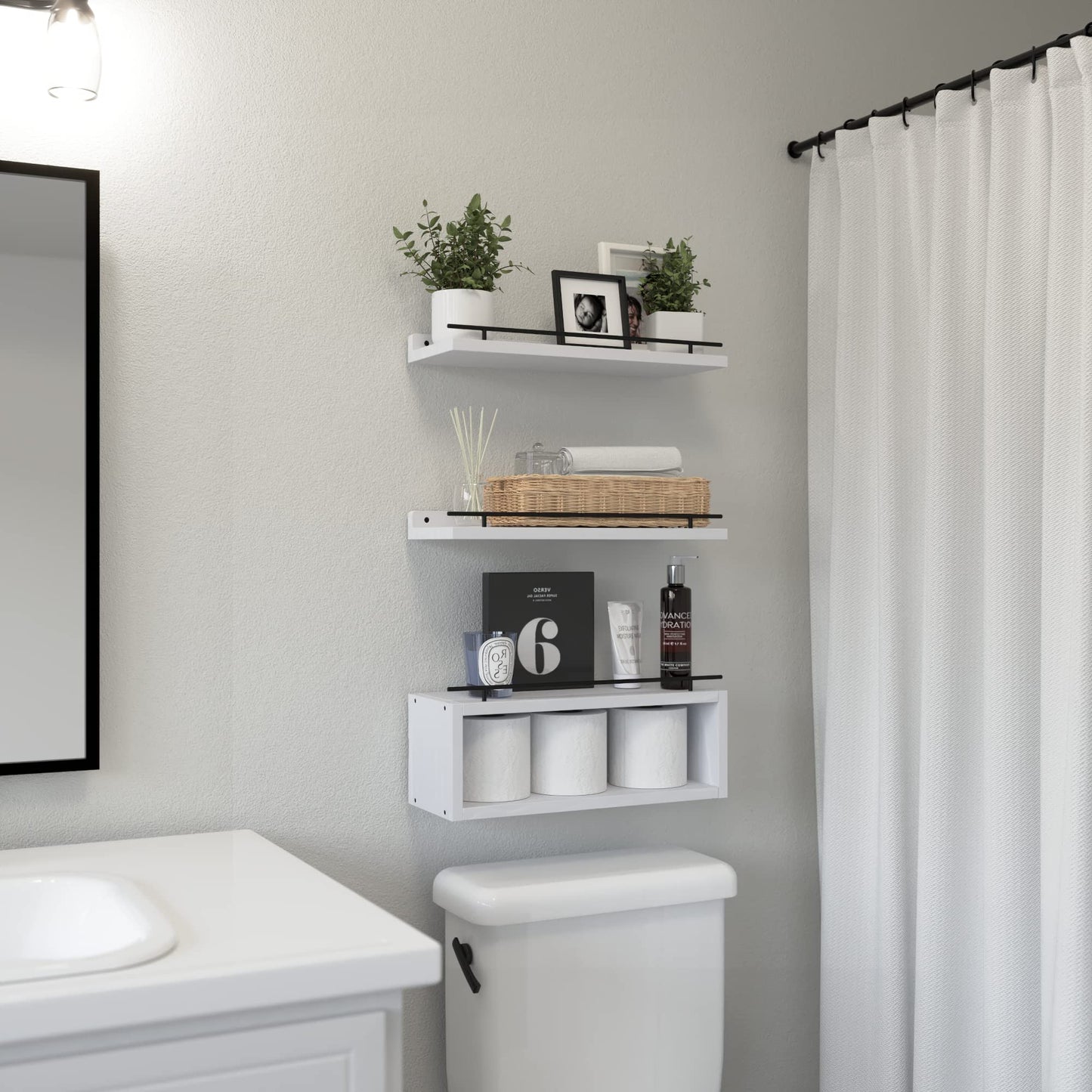 WOPITUES Floating Shelves for Wall with Cube Shelf, Wall Shelves with Metal Rail for Decor, Bathroom Organizers and Storage, Over Toilet Shelves for Bathroom, Toilet Paper-White