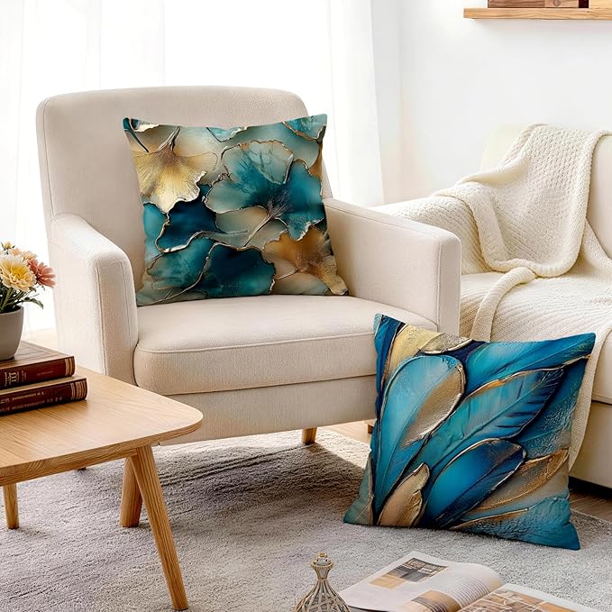 OBSEDE Teal and Gold Leaf Decorative Throw Pillow Covers 18x18 Set of 4