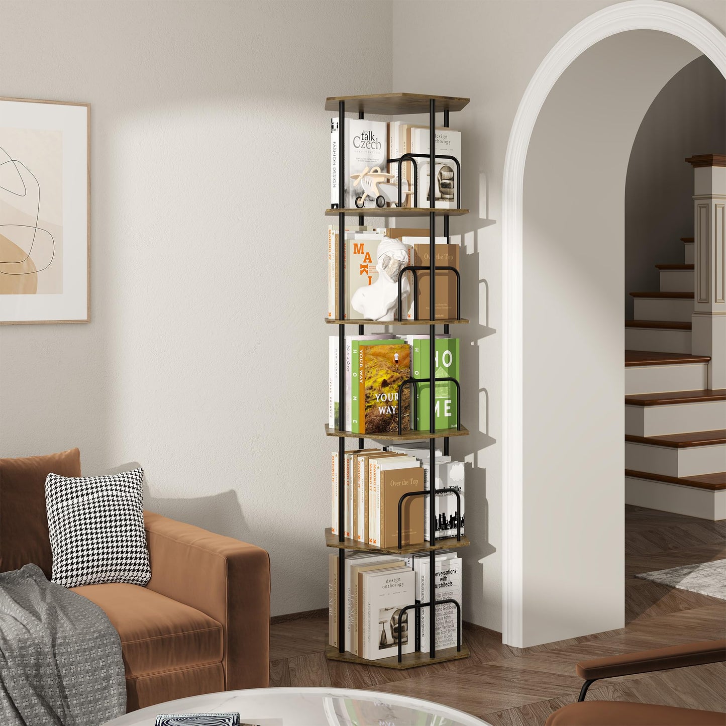 SUNMORY 5 Tier Rotating Bookshelf Tower, Revolving 360 ° Spinning Bookcase, Hexagonal Corner Book Shelf Storage Carousel, Vertical Rotate Turning Organizer Book Shelves for Living Room Office Bedroom