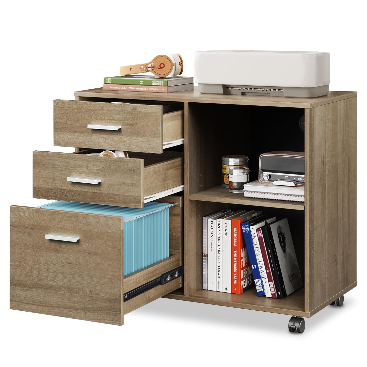 DEVAISE 3 Drawer Mobile File Cabinet, Wood Lateral Filing Cabinet, Printer Stand with Open Shelves for Home Office, Gray Oak