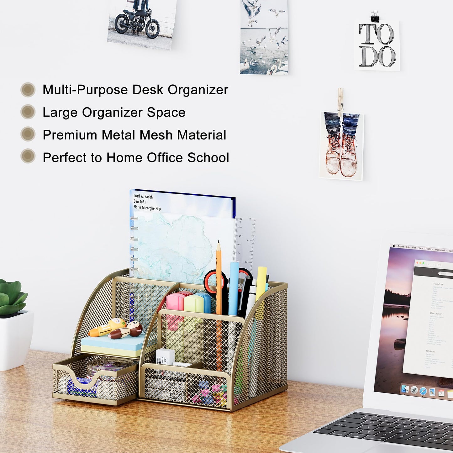 EasyPAG Mesh Desk Organizer with Drawer Multi-functional Pen Holder Stationery Organizer for Office School Supplies 6 Compartments Dorm Organizers and Storage for Desk, Gold