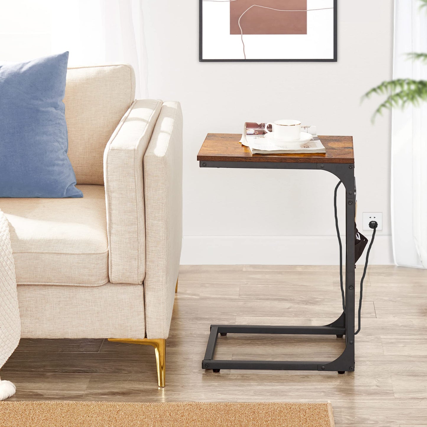 TUTOTAK C Shaped End Table with Charging Station, Side Table for Sofa, Couch Table with Storage Bag, TV Tray with 2 USB Ports and Outlets for Living Room, Bedroom, Brown TB01BB024