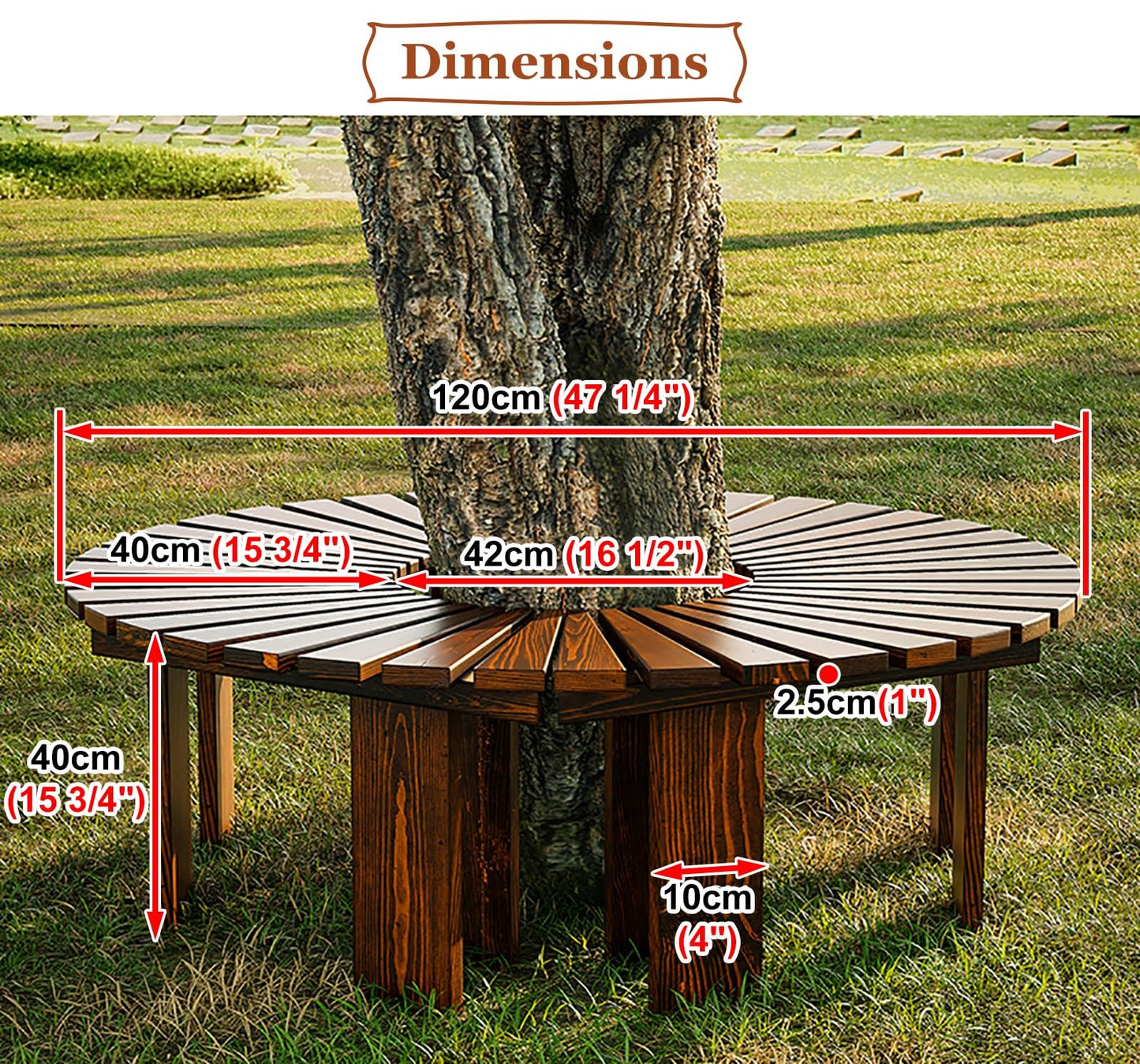 Wooden Semi-Circle Tree Bench - Outdoor Wrap-Around Seating for Park, Garden, Porch & Lawn - All-Weather Brown Furniture Decoration (Half Round Size)