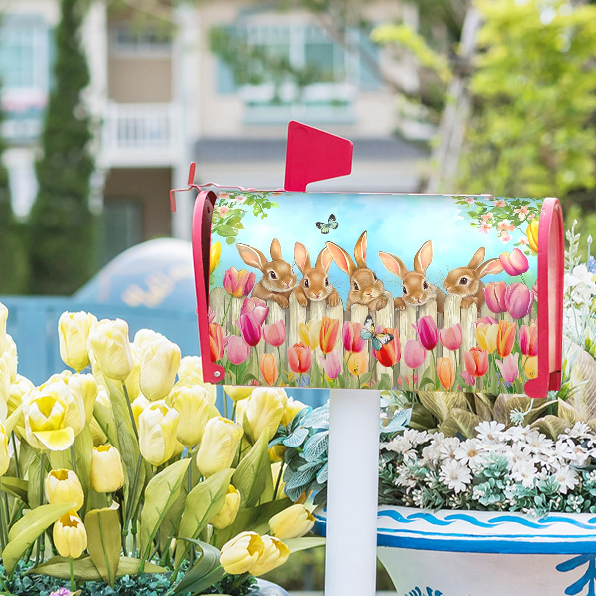 Sweetshow Easter Bunny Mailbox Covers Magnetic Standard Size 18" X 21",Spring Summer Butterfly Tulip Flowers Mailbox Wraps Post Letter Box Cover for Outside Garden Yard Decor