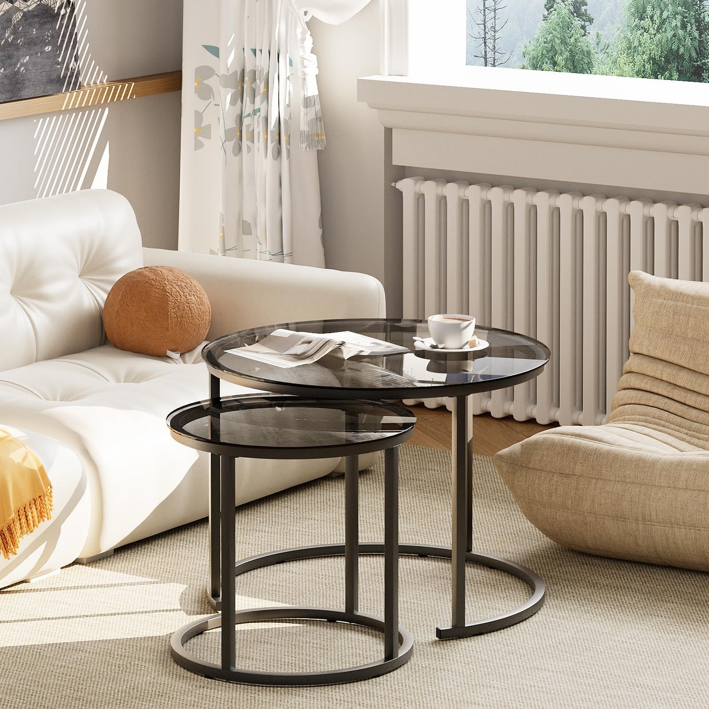 aboxoo Nesting Coffee Table Grey Glass Table Set of 2, Small Round Glass Nesting Tables for Living Room Bedroom, Accent Tea Table with Metal Frame Modern Industrial Simple