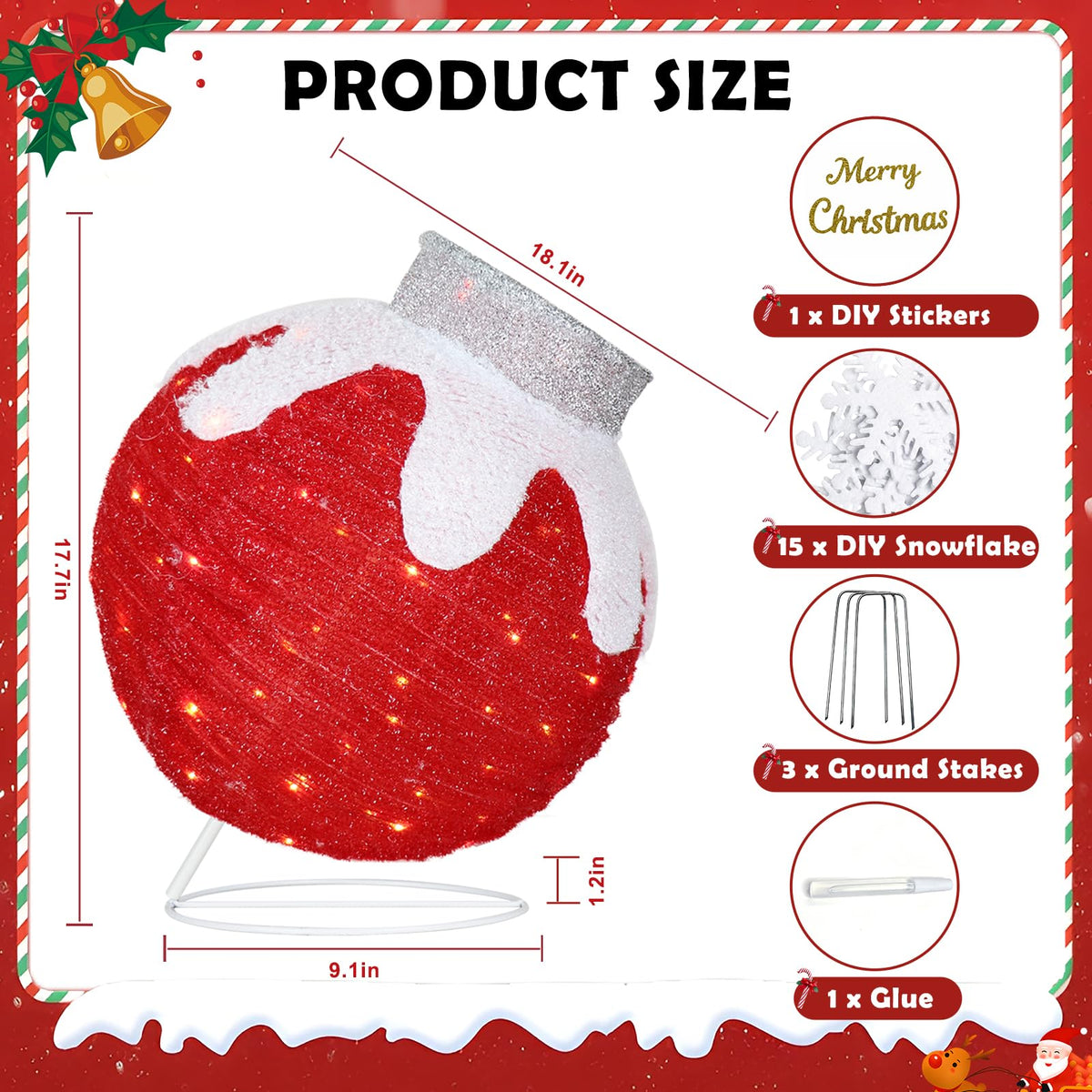 Outdoor Christmas Ball Ornaments, Collapsible Pop-Up Lighted Christmas Decorations with 80 Bright LED Lights, 8 Light Modes, Weatherproof Large Holiday Ball Decor for Yard, Lawn, Home（Red/Green/Beige）
