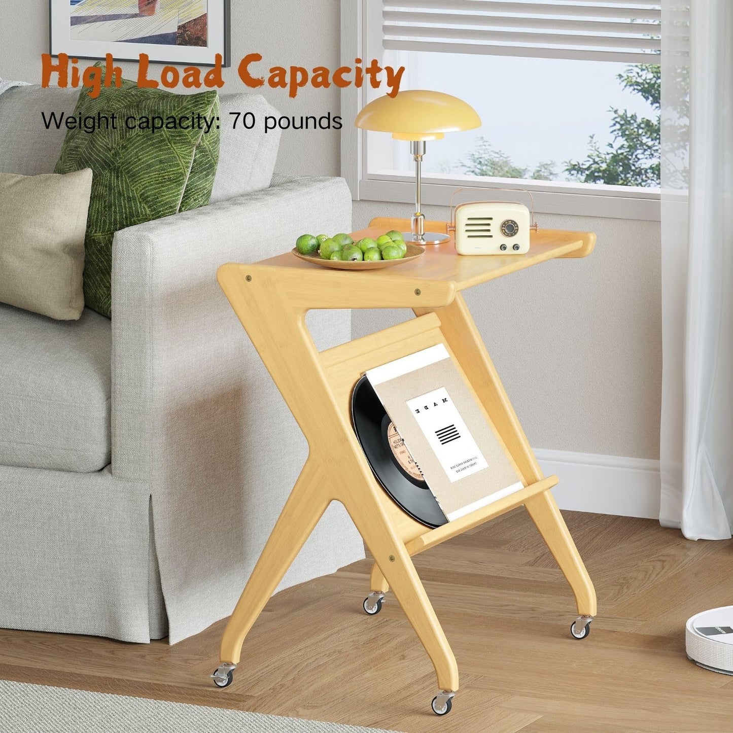 Auroral Zone Solid Wood 2-Tier Rolling Side Table with Lockable casters, Mobile Small End Table with Magazine Rack for Living Room, Bedroom & Sofa
