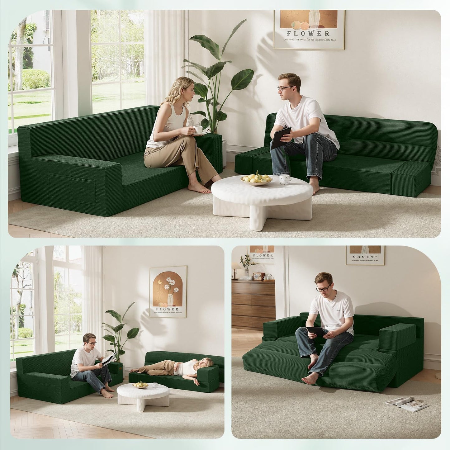 MeMoreCool Queen Sofa Bed, 4-in-1 Pull Out Couch Bed with Wedge Pillow, Boneless Futon Sleeper Loveseat, No Assembly Folding Sofa for Living Room Guest Room, Green Corduroy