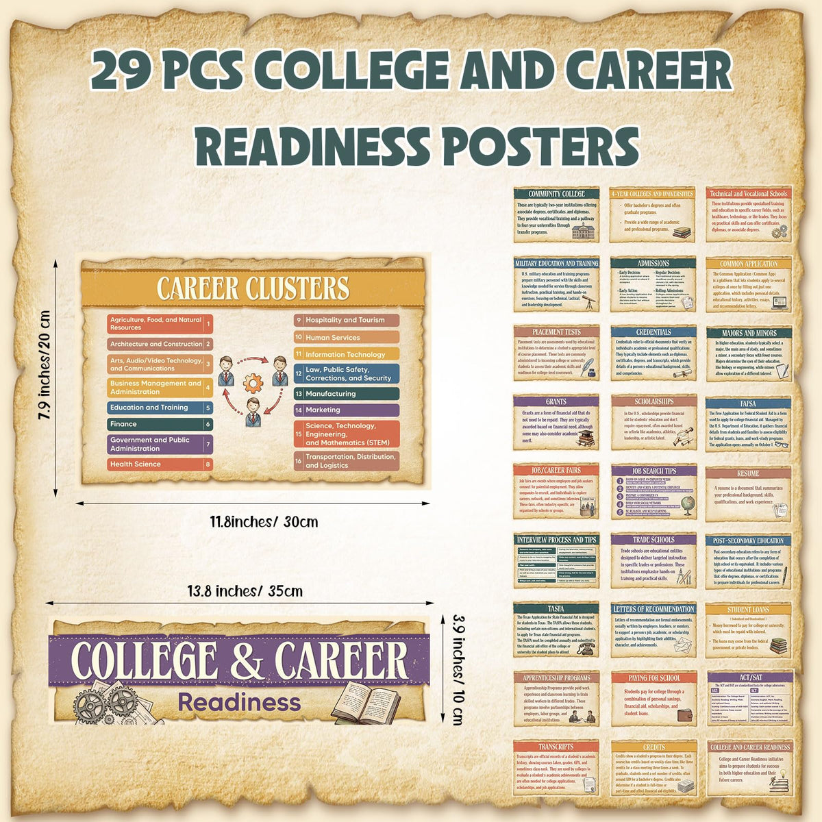 Outus 29 Pcs College and Career Readiness Posters Bulletin Board Kits for High School Classroom Decorations College Jobs and Career Interactive Bulletin Board Set Higher Educational Poster (Retro)