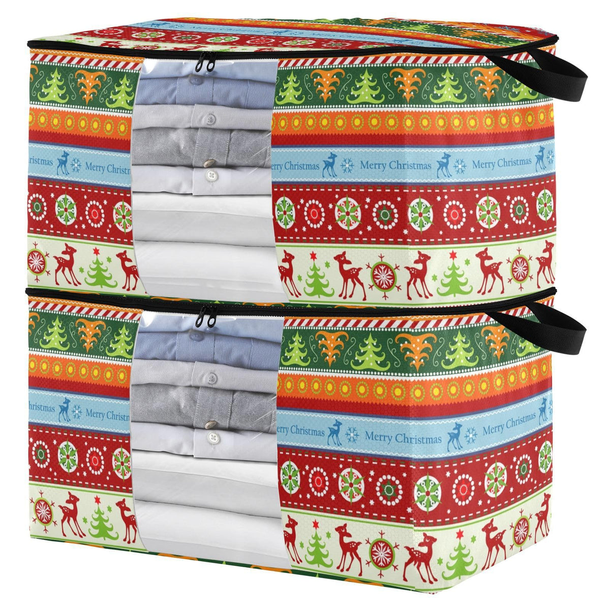 Christmas Clothes Storage Bag Foldable Storage Bin with Handle Zipper Clear Window Closet Organizer for Bedding Blankets 60L