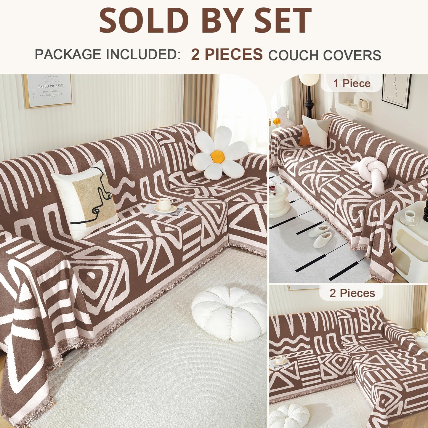 Royhom Sectional Couch Covers 2 Pieces, L Shaped Couch Cover Blanket, Boho Sofa Covers Washable, Sofa Slipcover with Tassel, Suitable for All Seasons (71"x118"+71"x118", Coffee)