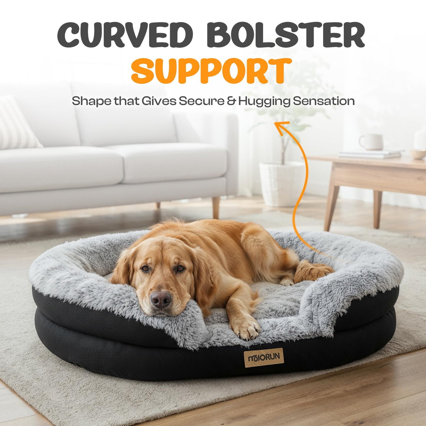 Miorun Fluffy Orthopedic Dog Bed for Large & Extra Large Dogs, Calming Plush Sofa Bed with Curved Bolster Support and Egg-Crate Foam Base, 43" Cozy Oval Pet Donut Bed with Washable Cover, Gray