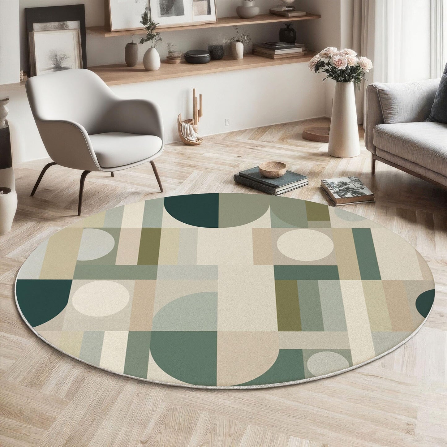 Geometric Abstraction Round Rug - 6Ft Washable Area Rug, Non-Slip Small Bathroom Rugs, Lightweight Semi-Circular Shape Print Carpet for Entryway, Sofa,Kids Room,Green