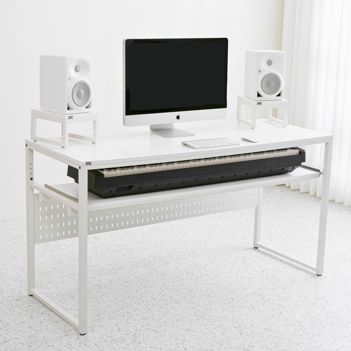 LYYL Music Studio Desk with Keyboard Tray, for Full 88 Keys and 61 Keys (Music Producer Desk) (White, 88 Keys (Without Height Adjustment Bracket)