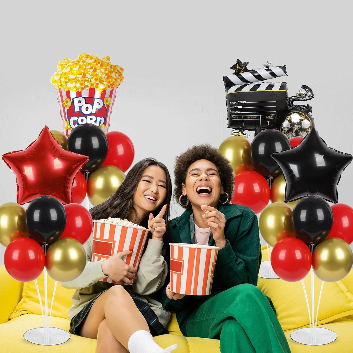 4 Sets Movie Night Party Balloons Stand Kit with Popcorn Clapboard Star Foil Balloons Red Black Gold Themed Party Balloon Centerpiece for Tables for Birthday Camera Film Party Movie Themed Decorations