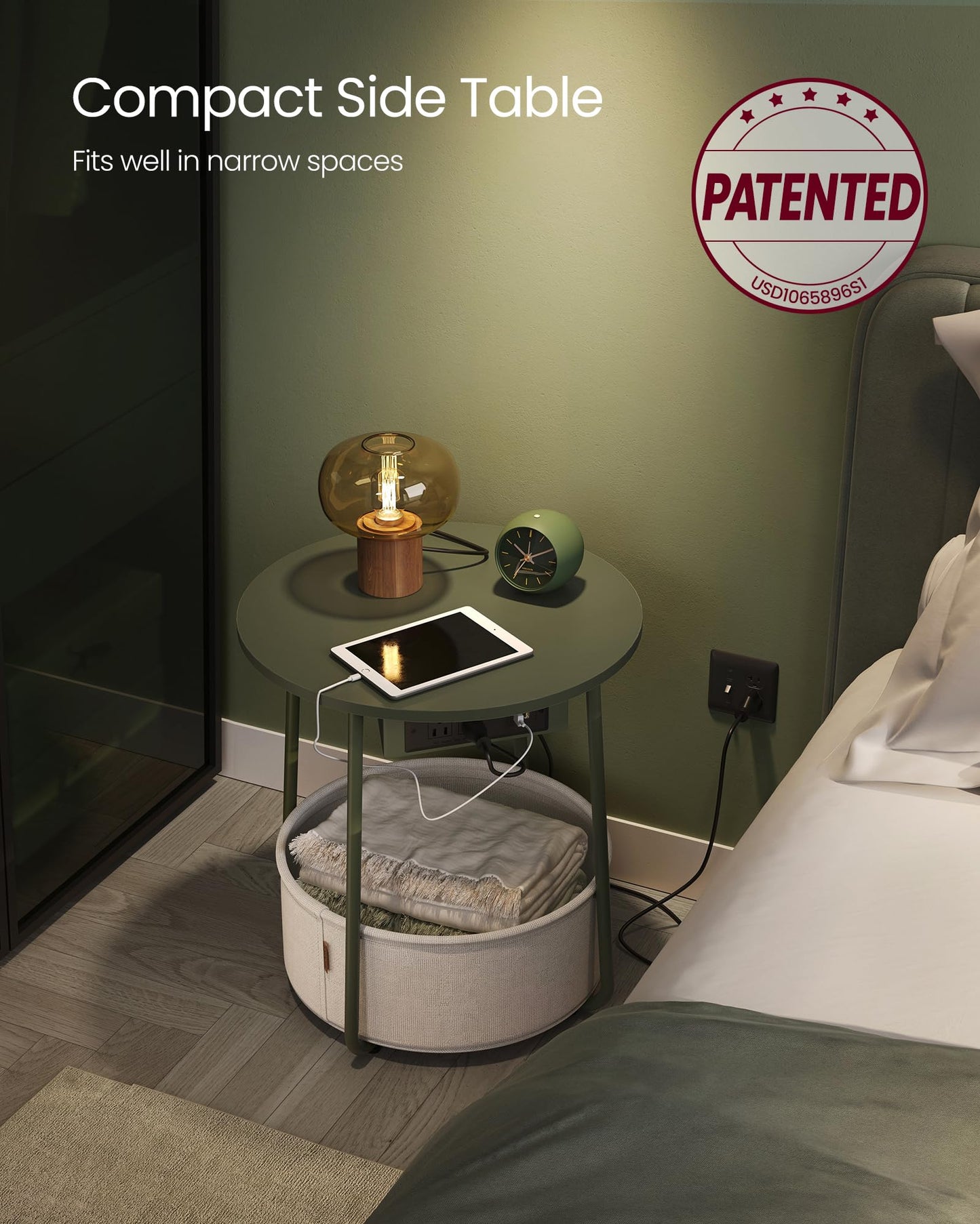 VASAGLE LILEA Collection - Side Table with Charging Station, Round End Table with Fabric Basket, Nightstand with USB Ports, for Living Room, Bedroom, Modern, Forest Green and Cream White ULET228C04
